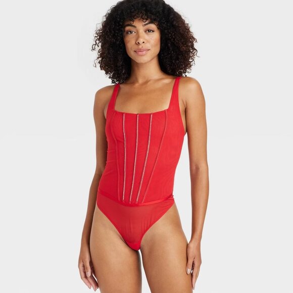 NEW Women's Rhinestone Lingerie Bodysuit Auden Nylon Spandex Mesh Sheer Red S - Picture 5 of 9